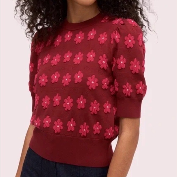 kate spade Tops - KATE SPADE Burgundy Pink Marker Floral Short Sleeve Sweater. Excellent condition